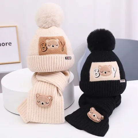 Cappello E Sciarpa In Maglia Per Bambini Caldo Inverno Cartone Animato Orso Patch Pom Pom Moda Carina Ragazzi Ragazze