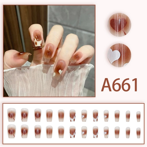 Glossy Press On Nails Caramel Brown Gradient Heart Cow Print Pattern Medium Long Fake Nails Sweet Style For Women