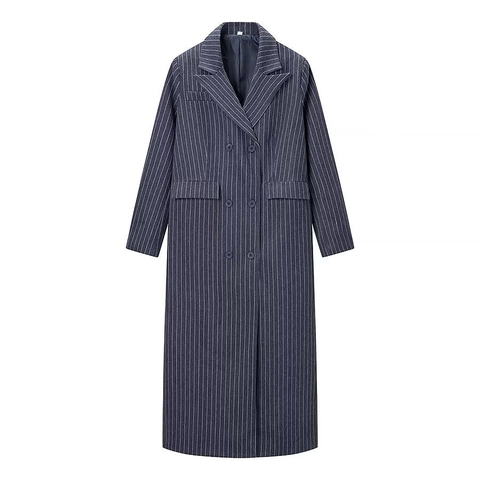 Dames Gestreepte Lange Wollen Jas Dubbele Rij Knopen Revers Losse Pasvorm Trenchcoat Bovenkleding Marineblauw