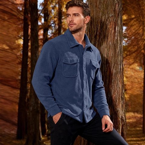 Men Fleece Shacket Heavyweight Warm Outdoor Casual Lapel Button Down Solid Color Long Sleeve Jacket Coat