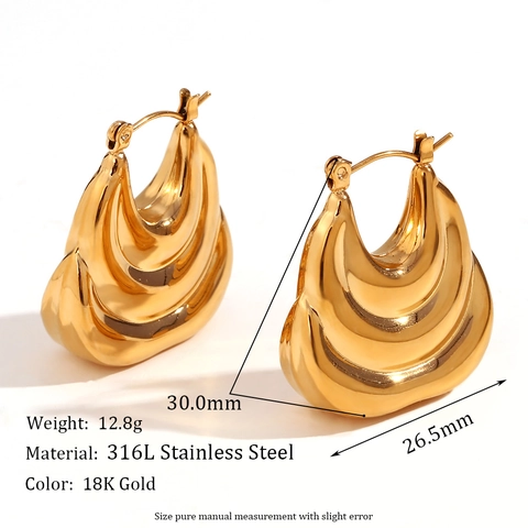 Triple Layered Wave Creolen Hohl U-Förmig 18K Vergoldet Edelstahl Nische Mode Schmuck Für Frauen