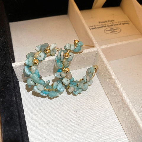 Aquamarine Crushed Stone C Shape Hoop Earrings With 925 Sterling Silver Earring Post Handmade Wire Wrapped Vacation Style