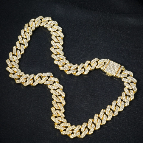 Hip Hop Cuban Link Chain Necklace Zinc Alloy Full Rhinestone Iced Out Bling Jewelry For Men Women