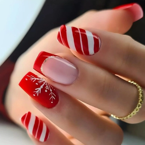 Christmas Press On Nails French Square False Nail Tips Snowflake Pattern Candy Cane Striped Glitter Ballerina For Women