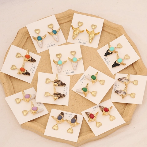 Bull Head Skull Drop Earrings With Heart Stud Retro Boho Jewelry Inlaid Resin With 925 Sterling Silver Earring Post For Women