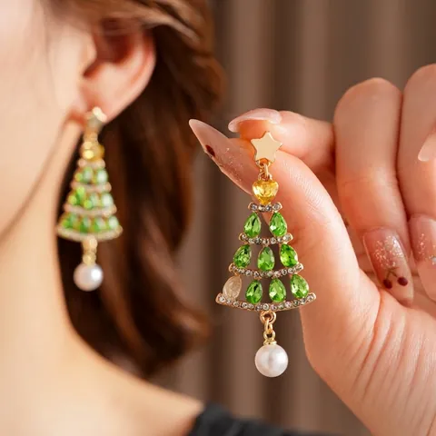 Pendientes De Árbol De Navidad Aleación Estrás Colgante Con Poste De Plata Esterlina 925 Perla Artificial Imitación Estrella Joyería Mujer