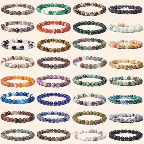 Natural Stone Beaded Bracelet Gemstone Agate Tiger Eye Beads Handmade Elastic Stretch Jewelry Women Men
