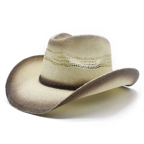 Western Cowboy Straw Hat Wide Brim Gradient Color Breathable Retro Jazz Sun Hat With Braided Leather Band