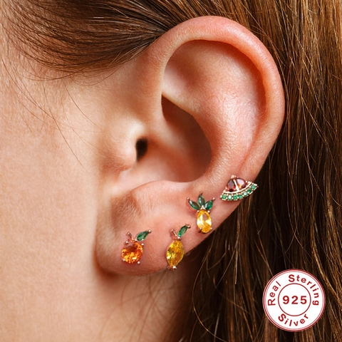 925 Sterling Silver Fruit Zirconia Stud Earrings Cute Pineapple Watermelon Banana Cartilage Piercing Jewelry For Women