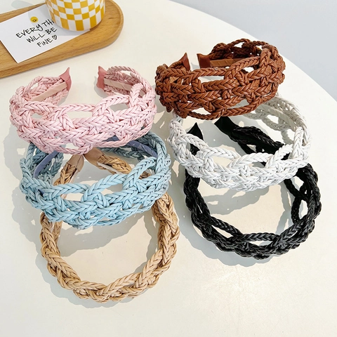Braided Headband PU Leather Twisted Wide Brim High Skull Top Fashion Versatile Solid Color Hair Accessories For Women