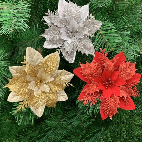 Artificial Christmas Poinsettia Flowers Glitter Triple Layer Fabric Plastic Xmas Tree Wreath Decoration Sparkling Ornaments