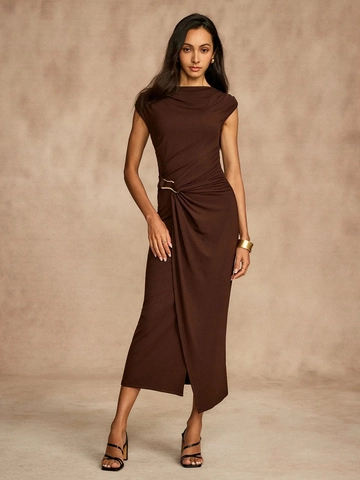 Elegant Sleeveless Maxi Dress Polyester Ruched High Waist Side Split Slim Fit Solid Color Round Neck For Women