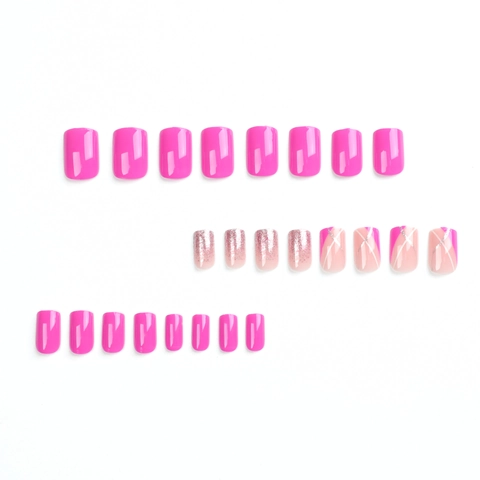 Long Square Press On Nails ABS Plastic Rose Pink Glitter Gradient Geometric Line French Style Fashion For Women