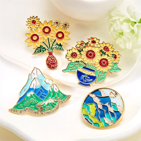 Vintage Chinese Style Alloy Enamel Brooch Sunflower Landscape Pattern Pin For Women Men Fashion Jewelry Accessory