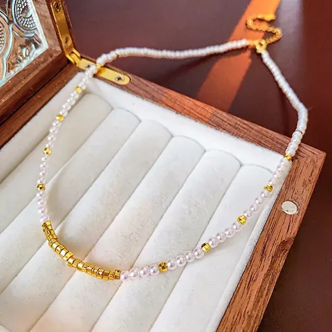 Vintage Elegante Weiße Muschelperle Halskette Mit 18K Vergoldeten Kupferperlen Modische Schlüsselbeinkette Für Damen