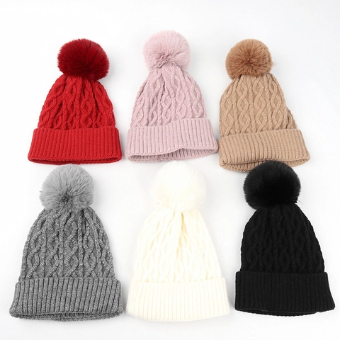 Gorro Beanie De Punto De Torsión Para Mujer Con Pompon Color Sólido Grueso Cálido Invierno Exterior Cortavientos Acrílico