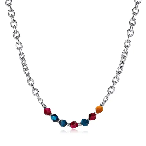 Collana Donna in Acciaio Inossidabile a Catena O con Perle Multicolore in Pietra Occhio di Gatto Sfaccettate Gioielli alla Moda