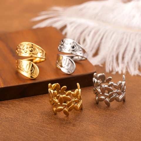 Verstellbare Offene Ringe Aus Edelstahl Stern Mond Blatt Geometrisch Geprägt Böhmischer Retro Modeschmuck Für Damen