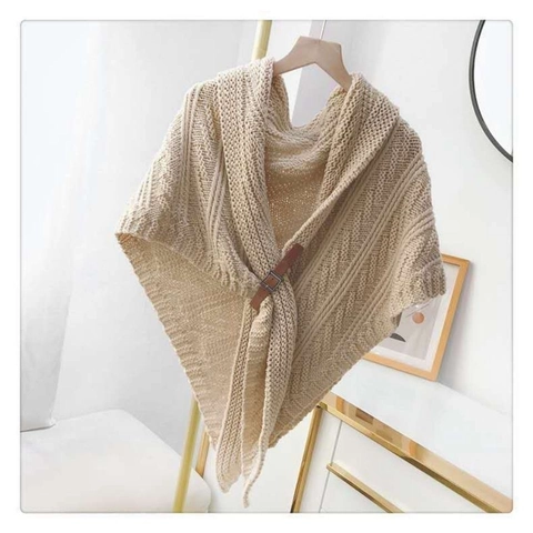 Women Knitted Shawl Cape With Leather Buckle Vintage Soft Solid Color Wrap Scarf For Office Air Conditioning