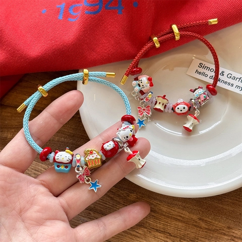 Emaille Katze Und Apfel Anhänger Geflochtenes Seil Armband Für Damen Cartoon Stil Verstellbarer Handschmuck