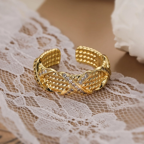 Geometric Braided Leaf Adjustable Open Ring Copper 18K Gold Plated Cubic Zirconia Fashion Jewelry For Women
