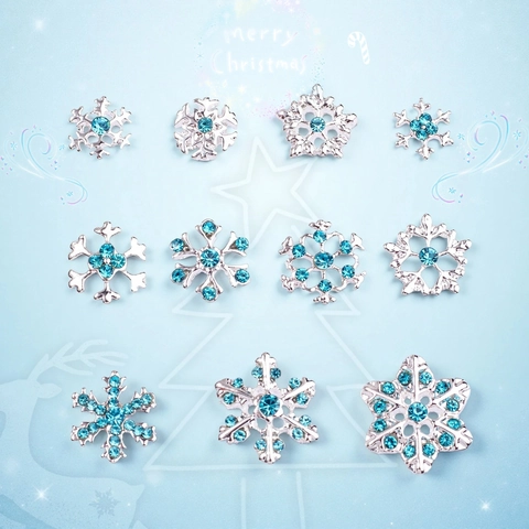 Breloques Pour Ongles Flocon De Neige Alliage Strass 3D Hiver Noël Décorations De Manucure Étincelant Bleu Clair Argent