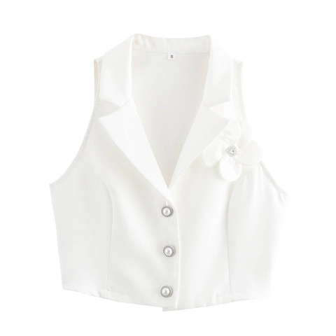 Wit Mouwloos Polyester Vest En Wijde Pijpen Broek Pak Met 3D Bloem Decor Kunstparel Knopen Elegant Dames Commuter