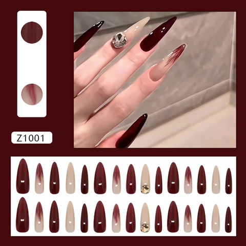 Lange Stiletto Künstliche Fingernägel Weinrot Marmoriert ABS Kunststoff Mit Strass Glänzend Retro Maniküre Für Frauen