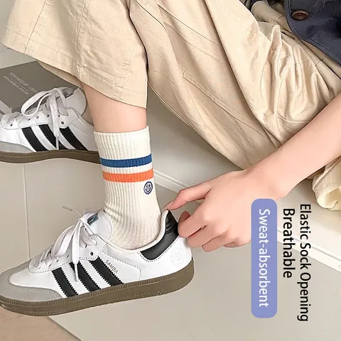 Women Preppy Style Cotton Mid-Tube Socks With Smile Face Embroidery Striped Breathable Crew Socks Comfortable Hosiery