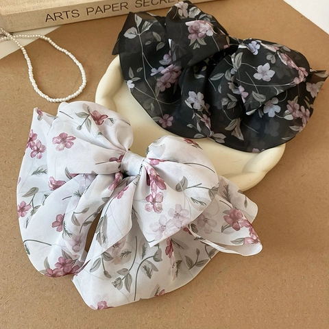 Haarklammer Mit Großer Schleife Blumenmuster Chiffon Stoff Acryl Französischer Vintage Stil Süßer Haarschmuck Für Damen
