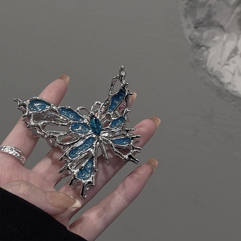 Molletta Per Capelli Farfalla Lega Metallo Liquido Smalto Blu Strass Clip Squalo Accessorio Acconciatura Elegante Donna