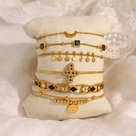 Set di Braccialetti in Acciaio Inossidabile per Donna Placcato Oro Croce Luna Stella Strass Smalto Geometrico Set di Gioielli