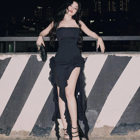 Women Strapless Tube Top Midi Dress Sexy Bodycon High Slit Ruffle Flower Splicing Elegant Party Night Out
