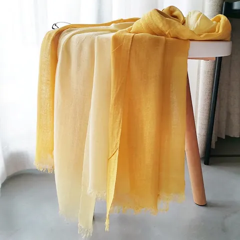 Women Lightweight Scarf Cotton Linen Shawl Breathable Sun Protection Wrap Gradient Stripes Hollow Out Frayed Edge Fashion