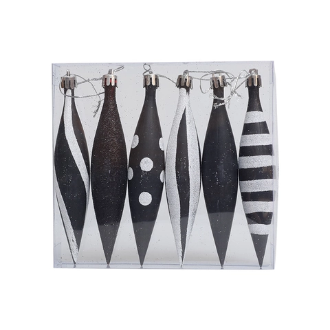 Pendenti Appesi Per Albero Di Natale In Plastica Forma Di Mandrino Appuntito Nero Bianco Dipinto Glitter Decorazione Festiva