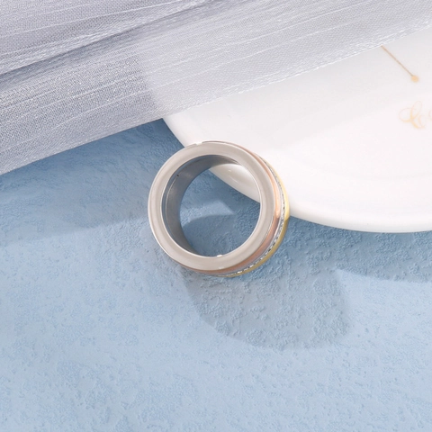 Triple Tone Wide Band Ring Stainless Steel Zircon Inlaid Street Fashion Jewelry For Women