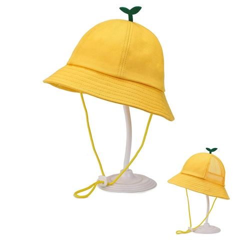 Kids Yellow Bucket Hat School Sun Protection Outdoor Cap With Adjustable Chin Strap And Cute Green Sprout Decor Children