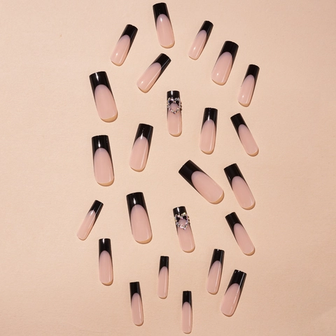 Lange Vierkante Kunstnagels Extra Lang Frans Ontwerp Met Strass Hart Nude Zwart Glanzende Valse Nagels