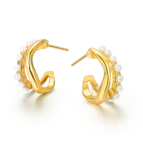 Twisted Wavy Double Layer C-förmige Creolen Mit Künstliche Perlenimitat Und Edelstahl-Ohrstecker Elegant
