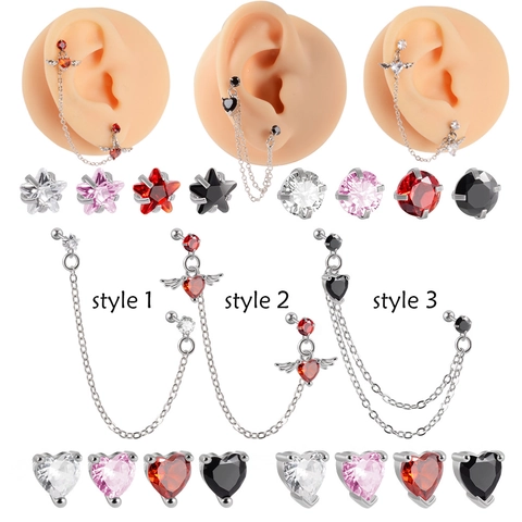 Orecchini In Acciaio Inossidabile Ali D'angelo Cuore Stella Zircone Catena Per Piercing Cartilagine Elica Gioielli