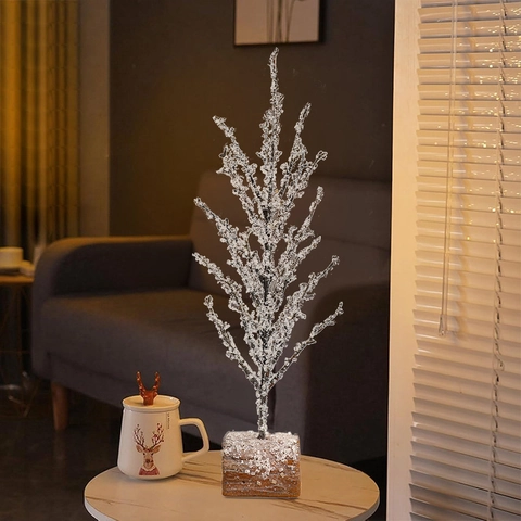 Kunstmatige Kerstboom Tafelornament IJskristal Takken Houten Basis Winter Vakantie Decor Minimalistisch