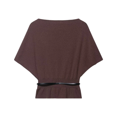 Women Boat Neck Knit Sweater With Belt Batwing Sleeve Solid Color Elegant Pullover Top Soft Dark Brown Knitwear For Daily