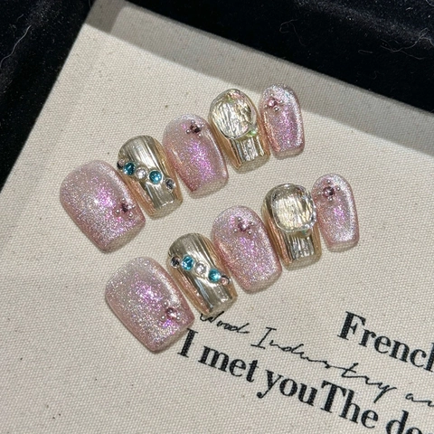 Unghie Finte a Pressione Fatte a Mano Occhio di Gatto Con Strass Glitter Rosa Oro Eleganti Riutilizzabili Nail Art per Donna