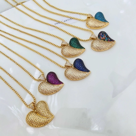 Collier Pendentif Coeur Cuivre Plaqué Or Micro Pavé Zircone Colorée Chaîne Vénitienne Bijoux De Mode Pour Femmes