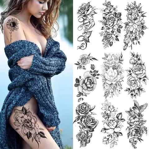 Temporary Tattoo Sticker Water Transfer Body Art Waterproof Flower Rose Animal Sketch Disposable For Party Festival