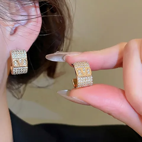 V Letter Hoop Earrings For Women With Zircon Gold Plated Copper And Silver Earring Post Elegant Fashion Jewelry