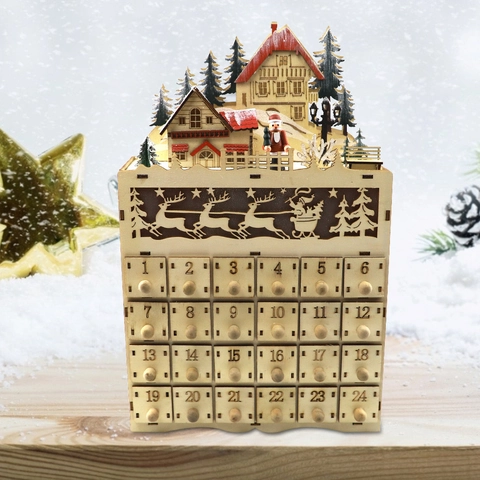 Calendario De Adviento De Navidad De Madera LED Luz Cuenta Regresiva Diaria Escena De Pueblo Adorno De Escritorio