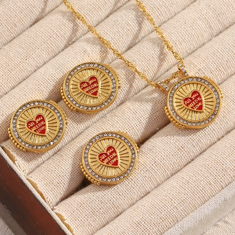 18K Gold Plated Stainless Steel Necklace Earrings Ring With Red Enamel Heart Zircon Engraved All You Need Is Love