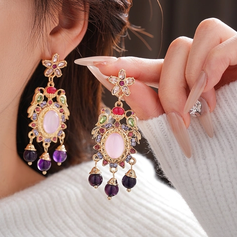 Vintage Palace Style Dangle Earrings With Silver Earring Post Multi Color Rhinestones Flower Alloy Jewelry For Women