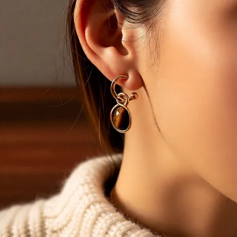 Retro Französisch Luxus Tigerauge Anhänger Ohrringe Mit Silver Earring Post 18k Vergoldet Kupfer Oval Edelstein Schmuck Damen